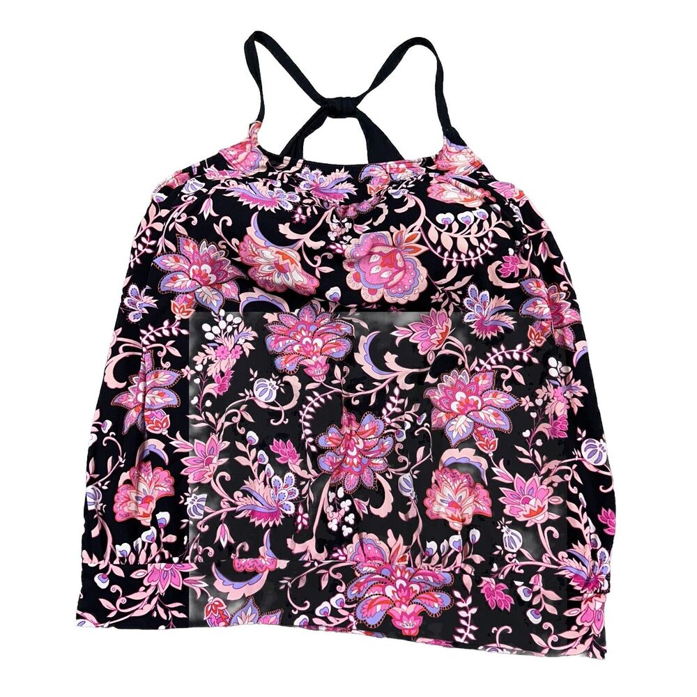 Lands End Pink And Black Paisley Tankini Top Cinch Bottom Size 10 Racerback